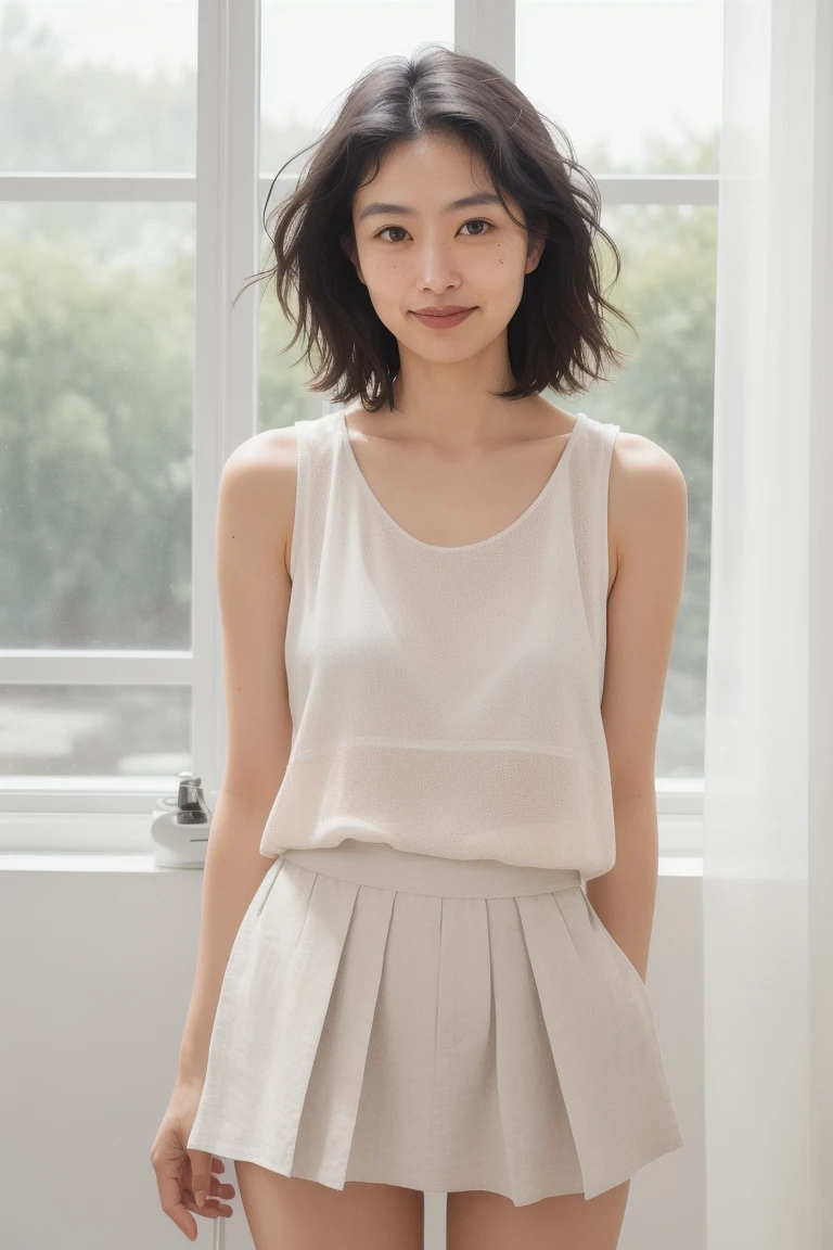 You are a professional photographer。 , short hair blown by the wind. She has a faint smile , Perfect Eyes, Perfect hands, Perfect body, Perfect Hair, Accurate身体, masterpiece, Accurate, Anatomically correct, Rough skin, Very detailed, Advanced Details, high quality, 最high quality, High resolution, 16K, 8K, Looking into the camera,Bold fitted dress、Thighs、Pearl White、Black panties