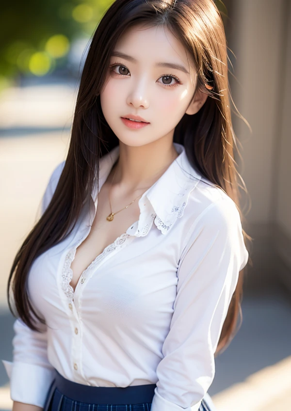masterpiece,Digital SLR photography,Analog Style,Nikon D5,Actual photo,20 year old beautiful woman photo,Dramatic lighting (85mm),Blooming garden in the background,(Detailed facial features),(Fine and shiny eyes),Dynamic Angle,Michelangelo Style,Long Hair,White button-up shirt,smile:1.4,