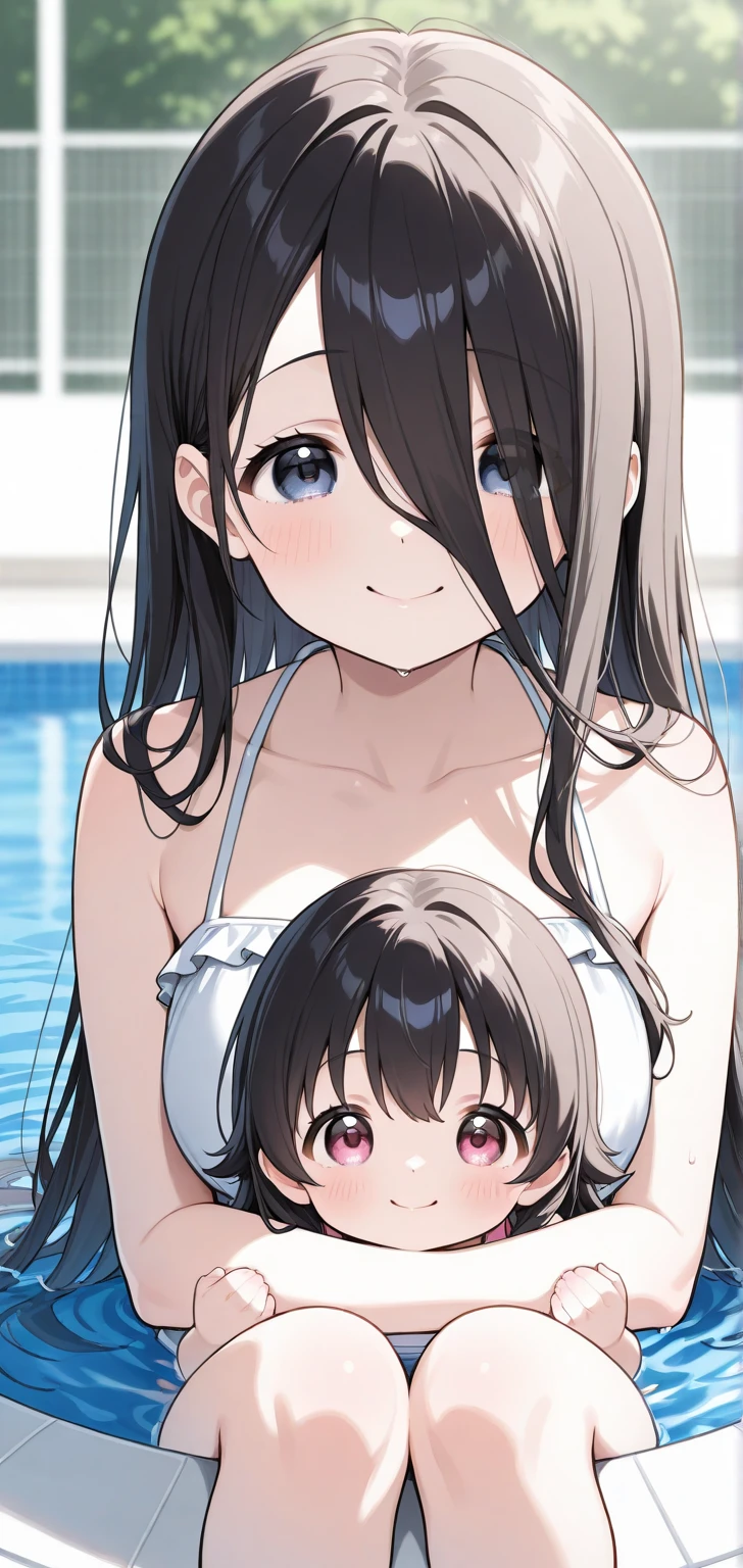 ultra-detailliert, Best Quality, High resolution, ((Two cute little girls with big faces and black hair.))、Pretty eyes、Detailed eye depiction、Eye sparkle、Sareme、Looking at Viewer, pale skin、(((Petite))), (nude)、(flat chest), (big glasses), (blush:1.2), (big eye:1.5), Shy smile, NSFW, in a pool, Focus on the face, Long hair, ((The upper part of the body))、from side