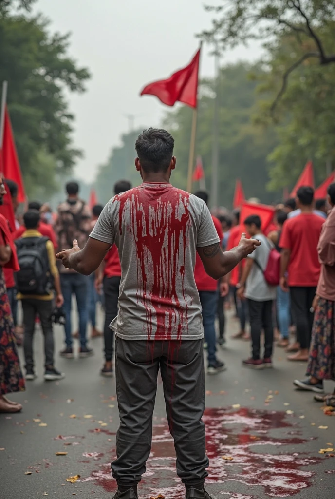 Thousands of students are protesting on a rainy street holding Bangladeshi flags. Leading the crowd is a bloodied Bangladeshi youth, wearing a black shirt over a white T-shirt, a student ID card hanging around his neck. gesturing with one hand. The scene is cinematic, patrolling with choppers overhead.