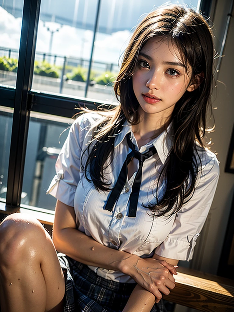 barefoot、sit barefoot on a chair、ponytail、In the classroom、Brown Color Hair、Tying up hair、Multicolored Hair、short hair、((Pleated skirt、White shirt))、ribbon、首のribbon、(Sexual Ecstasy)、Highest quality, Realistic, Super delicate illustration, Beautiful and attractive girl, Slender body, Tied Hair, One Girl, Girl Photos, Full Body Shot, Beautiful Eyes, ((M-shaped feet、Showing panties))(pubic)、(((Please spread your legs wide)))、Big Breasts(((Baby Faced Girl))JK、とてもRealistic、Her breasts are so big they're about to pop out of her shirt、A cute child-like face、Cleavage、((short hairー))
