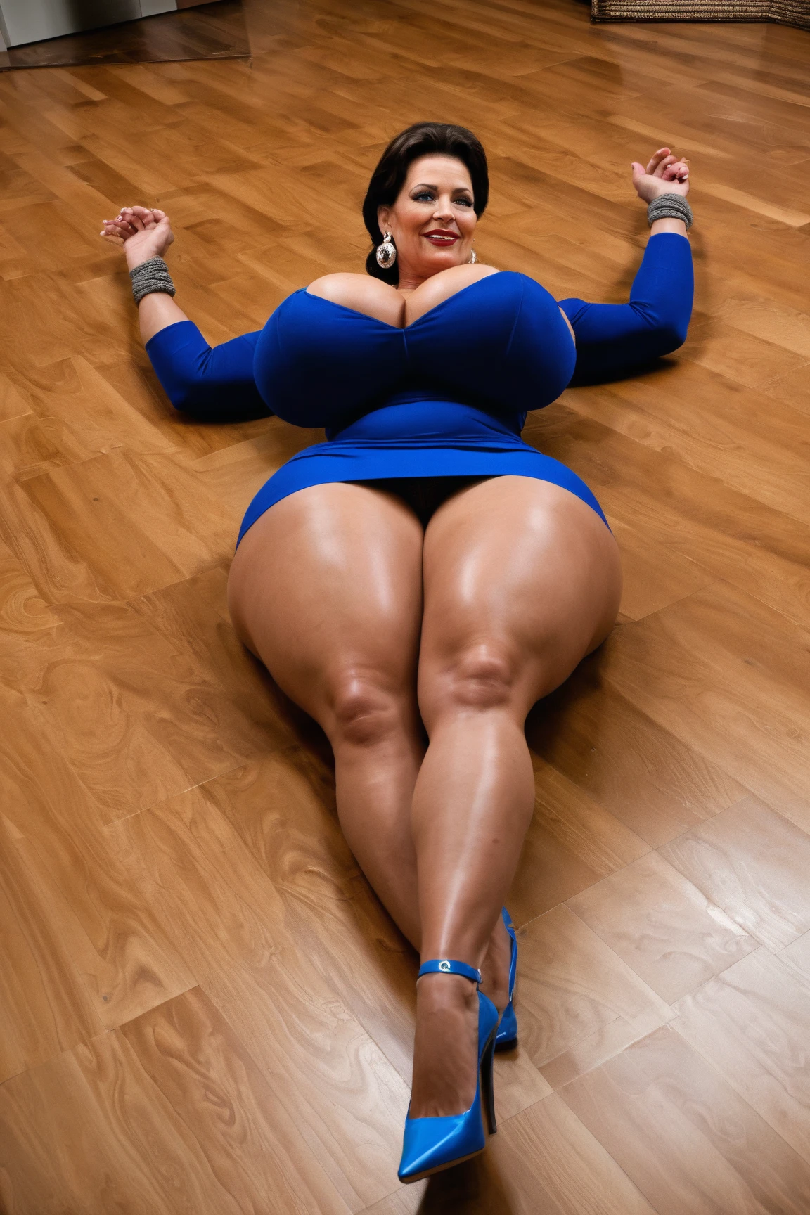 a 52 year old spinster Japanese Milf, She has a provocative face like a horny slut and a whore, she has enormous wide hips, She has huge, insanely thick thighs., she has enormously long legs, She has a huge curvy pear figure., She has a huge, completely round ass, enormously thick and wide., She has an enormously elongated, thick and broad body with an imposing size., she is chubby, She has quite marked facial and body features of a 52-year-old., She has darkened reddish-brown hair color, she has a narrow waist, she is 2 meters tall, she is 2 meters tall, She is standing with a straight and casual pose, focused on firmly front view, Whole body, she is inside her house, She wears a medium-long tight denim skirt.,, ultra sharp image, ultra sharp quality, 8k, intricates detalles, ultra detailed, rostro ultra detailed, cuerpo ultra detailed, ultra detailed clothing, ultra detailed skin, cabello ultra detailed, She wears a tight-fitting T-shirt with straps and a deeply revealing circular neckline., She wears high heels with a semi-open toe and open heel without loops on her shins., She has long hair with a provocative slutty bangs hairstyle., rasgos faciales de la edad de 52 años ultra detaileds e intricados, rasgos de la edad de 52 años de la piel ultra detaileds e intricados, detalles corporales de la edad de 52 años ultra detaileds e intricados, she has broad shoulders, she has massive ass implants, she has massive breast implants, Cattleya_qb