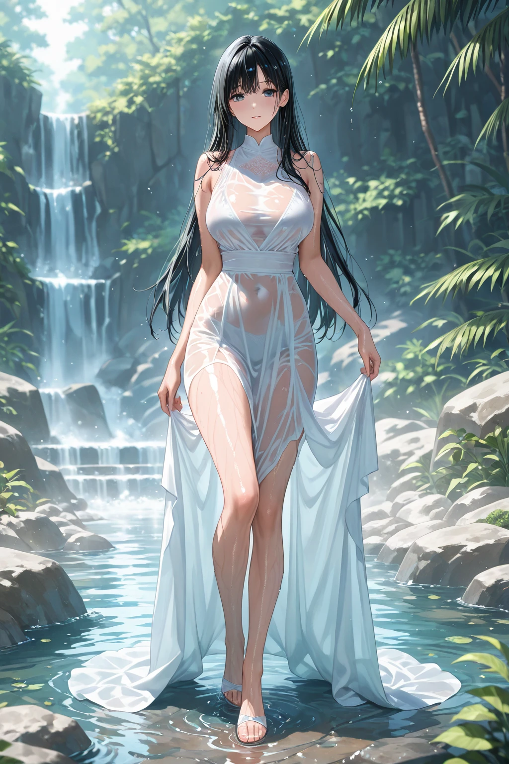 (Beautiful woman with a machete in both hands:1.5), ((Waterfall in a very dark forest)), ((Bathed in moonlight from behind:1)), ((Moonlit Falls))、((fullnude):1),((Beautiful naked woman waist-deep in a pool at the base of a Japanese waterfall))),((beautiful woman standing in the middle of the pond:1)),((Beautiful naked woman in a beautiful pool at the foot of a waterfall)), ((Sharp bewitching eyes))、((Obscene atmosphere))、pale skin、(Nipple bumps:1), (((1 girl in:1))), ((pale skin))、Melancholy beautiful face、Beautiful expression、Sexy face、Nipple bumps, (((Lower breast)))、(((Beautiful breasts ))), Beautiful 、Super fine face、Delicat eyes、(Double eyelids)、 (((1 Japan Woman:1)))、 Beautie, 20yr old,