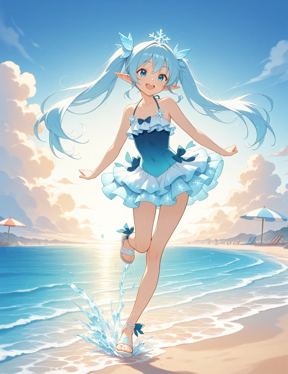 hyper cute shota,light blue witch hat,light blue loose long hair,
tank-top-bikini,glitter sunshine,
