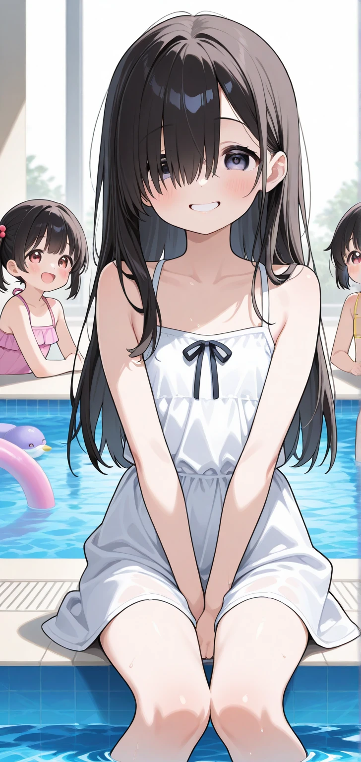 beach、School swimsuit、Sunburn、Tan Skin、Embarrassed、1 girl、Navy blue school swimwear、blunt bangs、Black Hair、super fine illustration,(((beautiful fine hair))),(((beautiful fine face))),(((beautiful fine background))),Midsummer、beachBlack Hair、blunt bangs、Cross-eyed