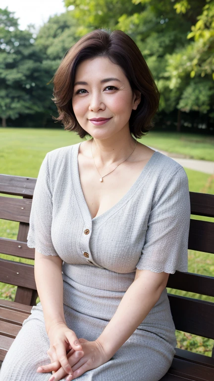 8k wallpaper, masterpiece, Highest quality, Super detailed, One Mature Woman, 50 years old, Become very clear, Wearing a short-sleeved knit, Skin dents, Captivating smile, Looking at the audience, Cleavage, plump, Curvaceous, Fascinating face, Smiling with teeth showing, Wrinkles around the eyes, Sitting on a park bench, Background Blur