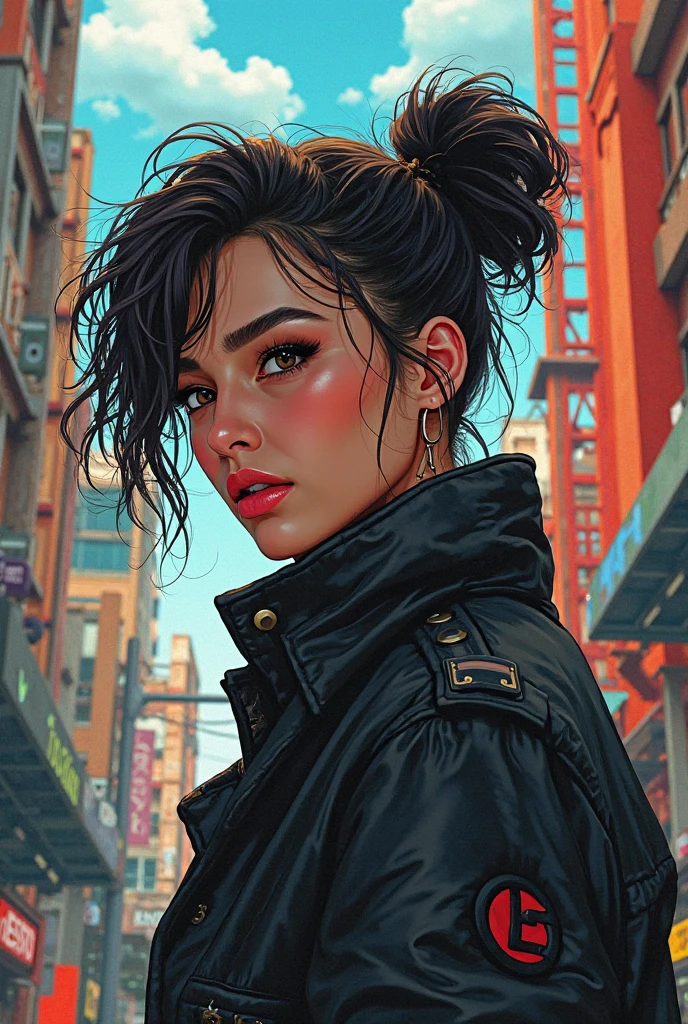 2 Modern urban Mexican women, beauty，well proportioned, Denim skirt，black hair, Sexy and attractive red lips，portraitures，oil painted，inks，acrycle painting，tmasterpiece，Renaissance style，best qualtiy，A high resolution，super-fine，Eyes detailed，Face detailed，sharp focus on eyes