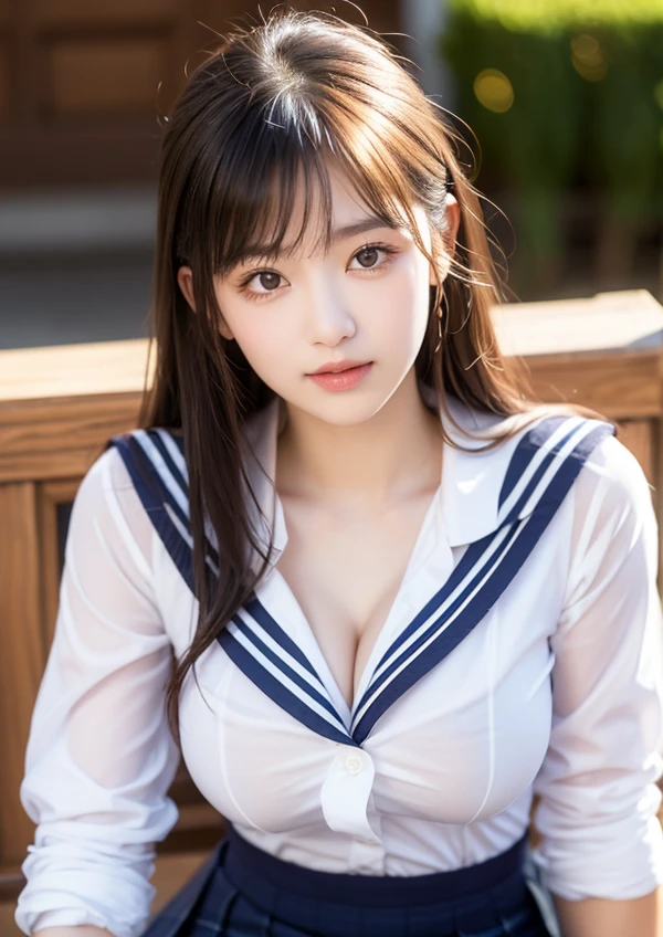 1 girl, (highest quality:1.4), (super detailed), (Highly detailed beautiful face), wonderful face and eyes, black eye, black hair, (sailor suit, school uniform:1.2), (cleavage), Smooth, Highly detailed CG integrated 8k wallpaper, High-definition RAW color photo, professional photos, light, Backlight, dream-like, impressive, Depth of the bounds written