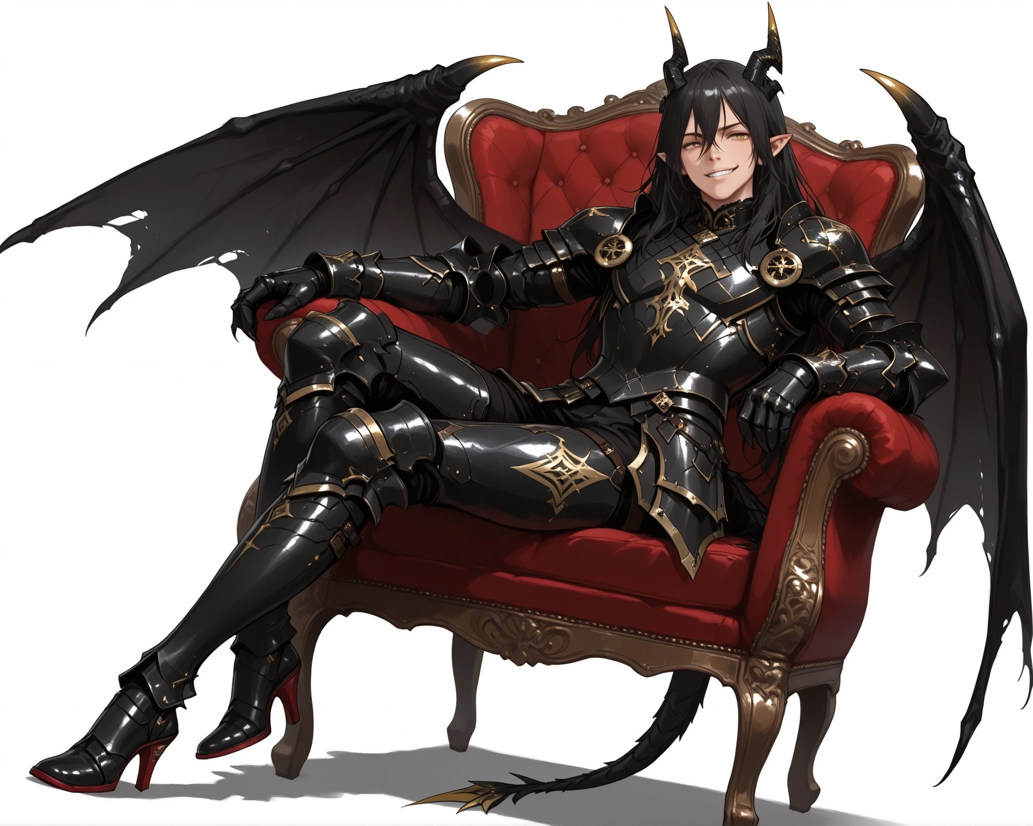 score_9, score_8_up, score_7_up, absurdres, (((128K Ultra High Resolution))), (masterpiece, best quality: 1. 5), (high definition: 1, 4), highres, 8K wallpaper, (excellent graphics: 1. 5), CG, (((Japanese Anime style))), (1 male), solo, ((lean body, masculine)), weredragon, glossy black, shiny black leather, ((beautiful golden eyes, finely detailed eyes, bright eyes, slit pupils)), hair between eyes, black hair, long hair, sideburns, wild hair, (sly grin, sinister grin, smirk), teeth, confident, (((ultra detailed face))), shiny skin, long pointy ears, twisted torso, long-legged, sculpted face, wasp waist, dragon horn, dragon tail, dragon wings, dragon sharp claws, (black armor with a lot of grandiose decorations: 1. 5), half dragon half human, (sit cross-legged, closed legs, sit sideways, luxury antique red plush velvet chair: 1. 5), (dramatic angle, dynamic pose: 1. 5), (ultra detailed black armor, well-polished black armor: 1. 5), (gold-adorned armor: 1. 5), all black outfit, full body, emphasize face, sharp focus, good-looking man, (best illustration, highly detailed artwork: 1. 5), (cinematic), dramatic lighting, (intricate detail, extreme detailed, super detailed: 1. 5), chiseled features, (stark contrast, heavy shadows: 1. 3), detailed black decorations, beautiful & aesthetic, photoreal, (from side), (mysteriously crafted black metal armor: 1. 5), thick & luxuriant hair, (ultra detailed fantasy black armor, wonderful black armor: 1. 5), (realistic metal texture), broad shoulder, true-to-life visuals, artistically refined, (extremely delicate & beautiful armor, elaborate armor details: 1. 5), (giant black armor, dark armor, stylized armor: 1, 5), (((armor-type high heels))), (extremely detailed armor with intricate engravings, intricate armor with gold ornaments: 1. 5), ((very gorgeous and dazzling)), (dark fantasy black knight: 1. 5), slim waistlines, wide chested, sinewy body, (Hyper Detailed & Perfectly Designed Black Armor: 1. 5), (simple white background)