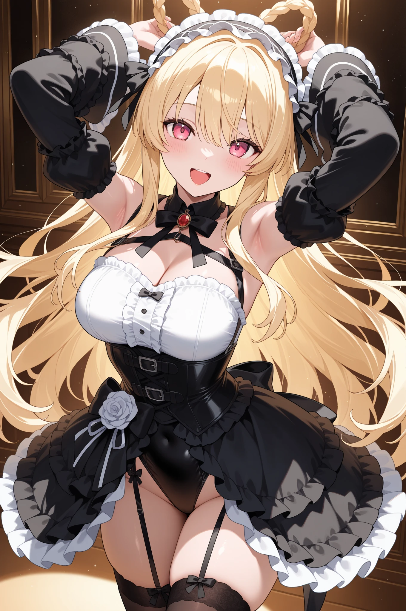 full body, 1girl, big breast BREAK black gothic lolita clothes, cross necklace, shoulder pad, armor, sword, blonde curly hair, twintail, hair bow, tottering, tilt head, closed eyes, pain, screaming, open mouth, (skirt lift, white panty:1.3), torn clothes, scenery