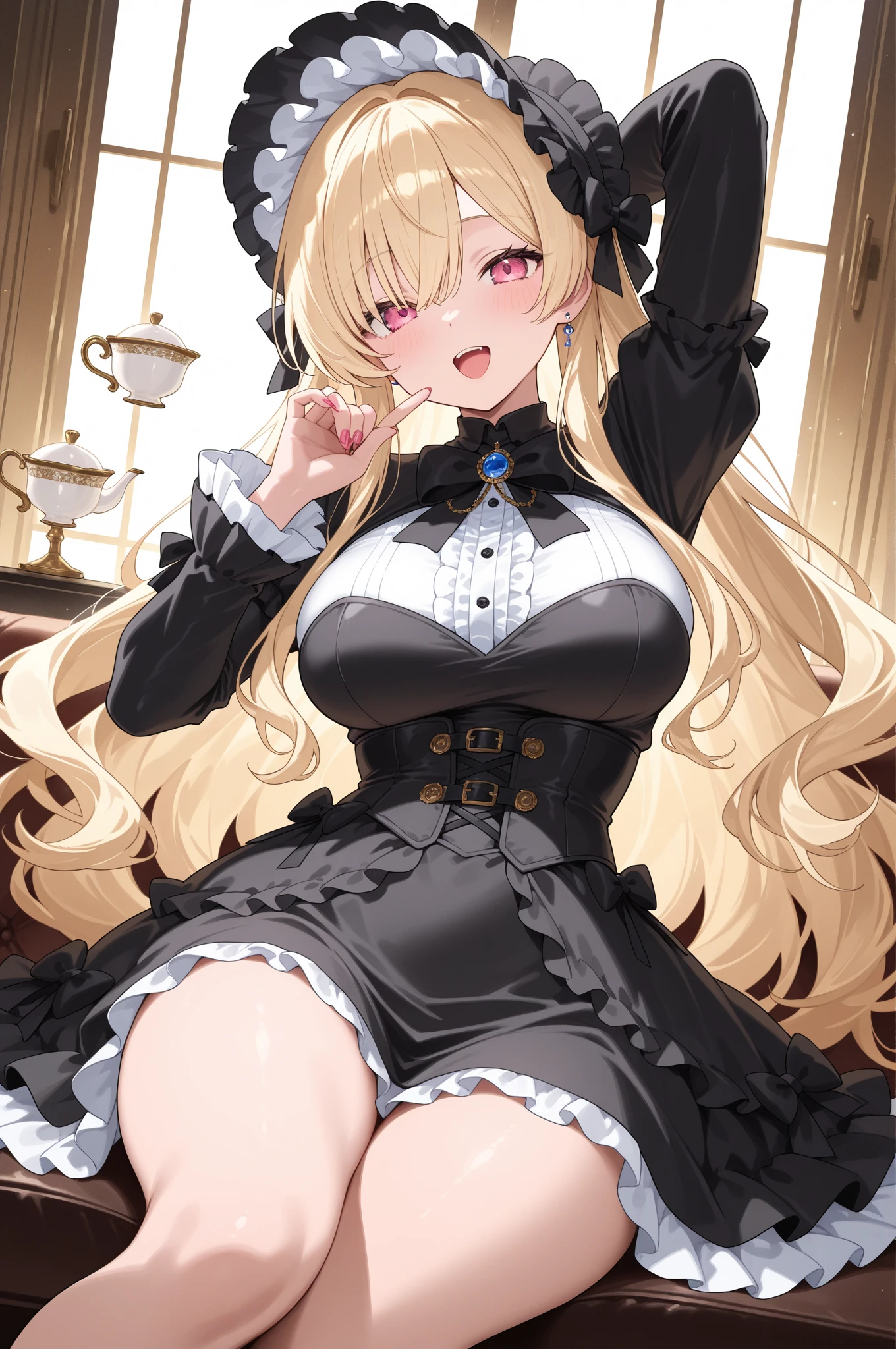 anime girl, 1 person, blonde hair, glasses, Crown,maid, front view, big breasts, tights, sitting on desk,exposed chest, underwear, maid suit, shy, blushing, lifting skirt , bright sky, sitting cross-legged, high heels,exposed chest, underwear, middle-aged women, blushing, lifting skirt, showing off underwear, (full HD 4K+ image