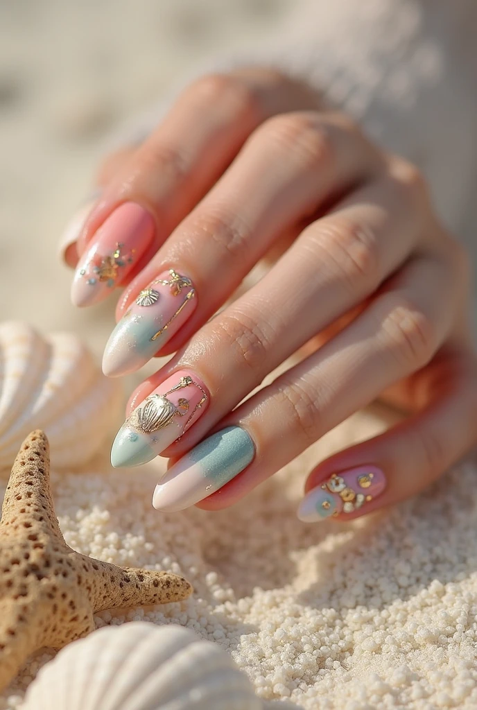 Oceanic Nail Art with a Beach Model: The nails feature a serene ocean scene with delicate waves, seashells, and subtle gradients of blue and turquoise. The background model, dressed in a light, beachy outfit with flowing fabrics and sun-kissed skin, stands on the left, providing the inspiration for the tranquil ocean theme. The calming tones of the nails reflect the beach vibe of the model’s outfit.