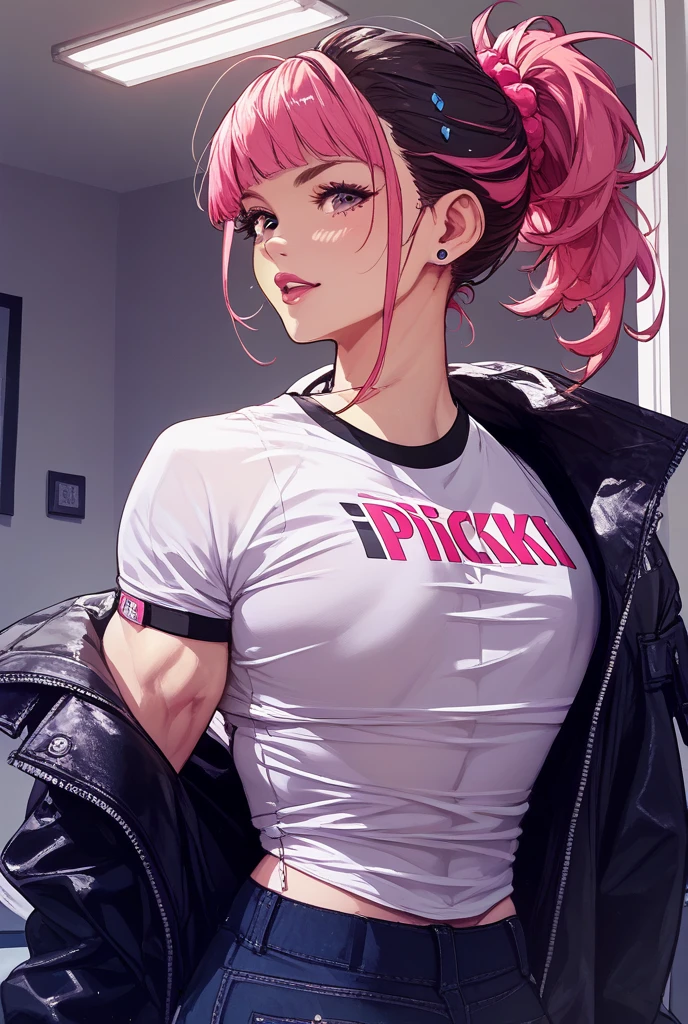 illustration, color-page, (German female:1.2), (The 100 octavia, :0.8),(close-up:1.1), (cleavage:1.2), eye catching <lora:eye_catching:0.8> BREAK wearing fandango terrycloth peplum jacket BREAK (pink twisted updo hair:1.3), <lora:DipDyedHair:0.8> BREAK <lora:add_sharpness:0.6> BREAK (simple ash background:1.3), dark theme, low light, <lora:DipDyedHair:0.8>, film grain, Fujifilm XT3, heavily ornamental, amazing lighting, <lora:oil2.0_2-512LORA:0.3>, (DEN_barbucci_full:0.3)