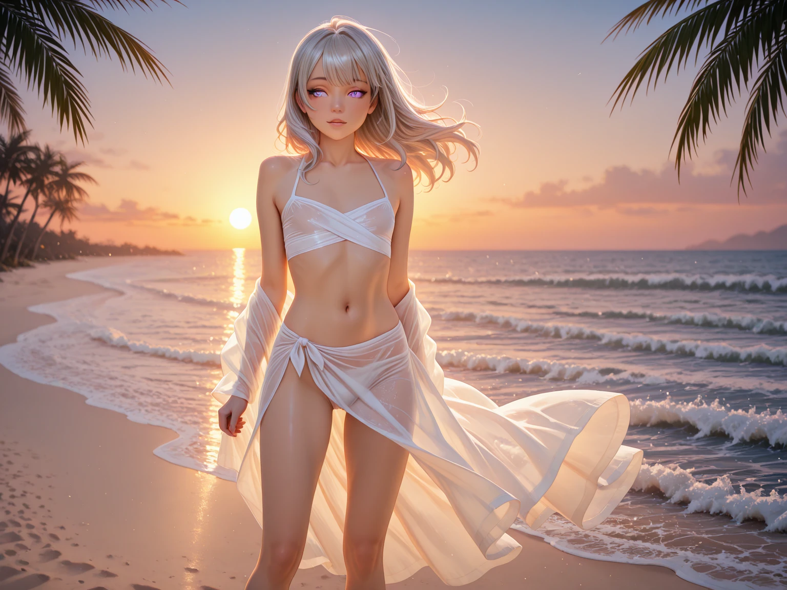 realistic, 1girl, white hair, purple eyes, bikini, beach, light particles, light rays, wallpaper,