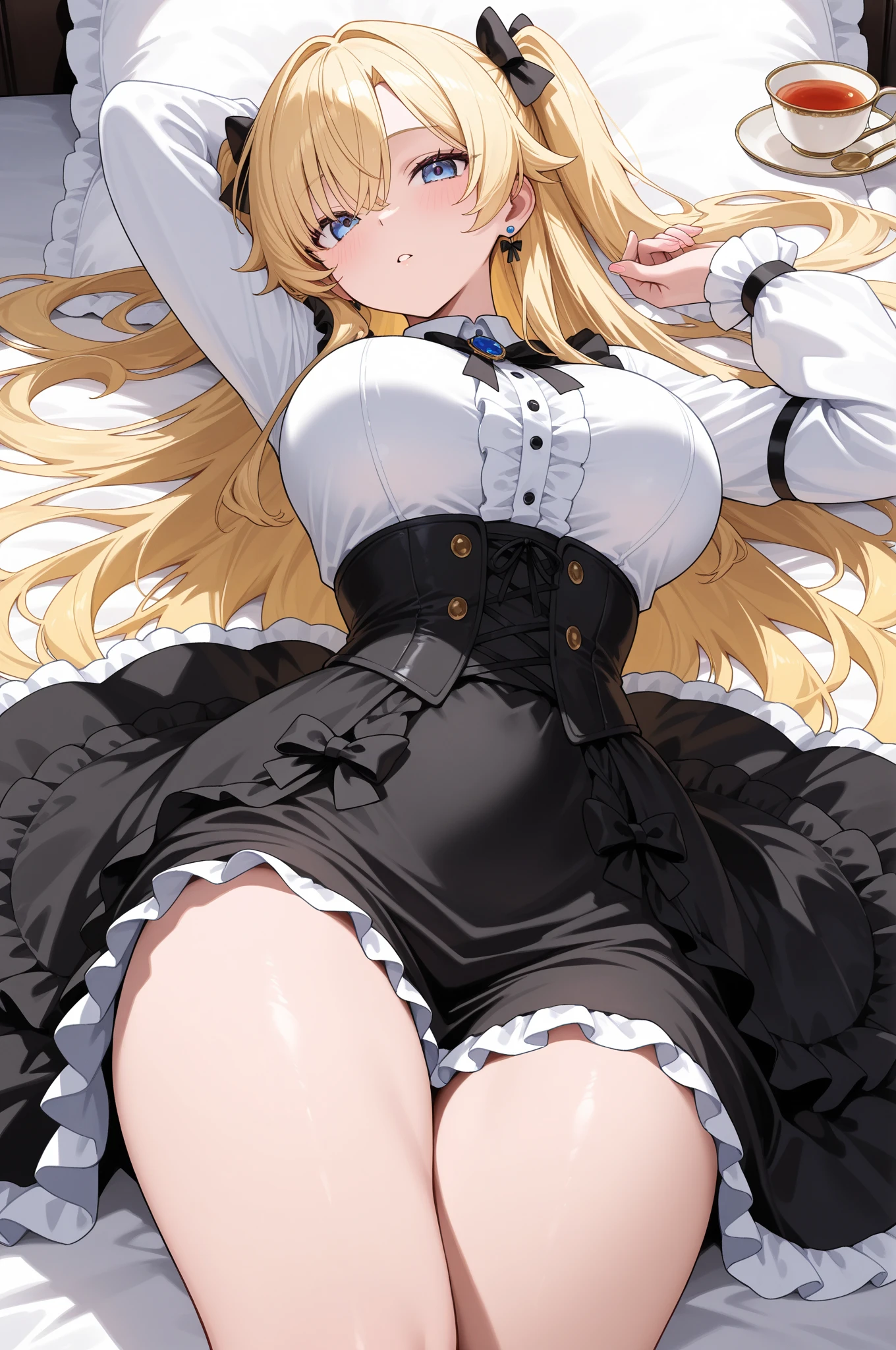 masterpiece, Highest quality, Super detailed, 8K quality, girl, nsfw, yue, upper body, blonde hair, straight hair ,red eyes, small breasts,(13 years old:0.6), face, bed room, bbunnysuit, pantyhose, fake bunny ears, wrist cuffs, bowtie,