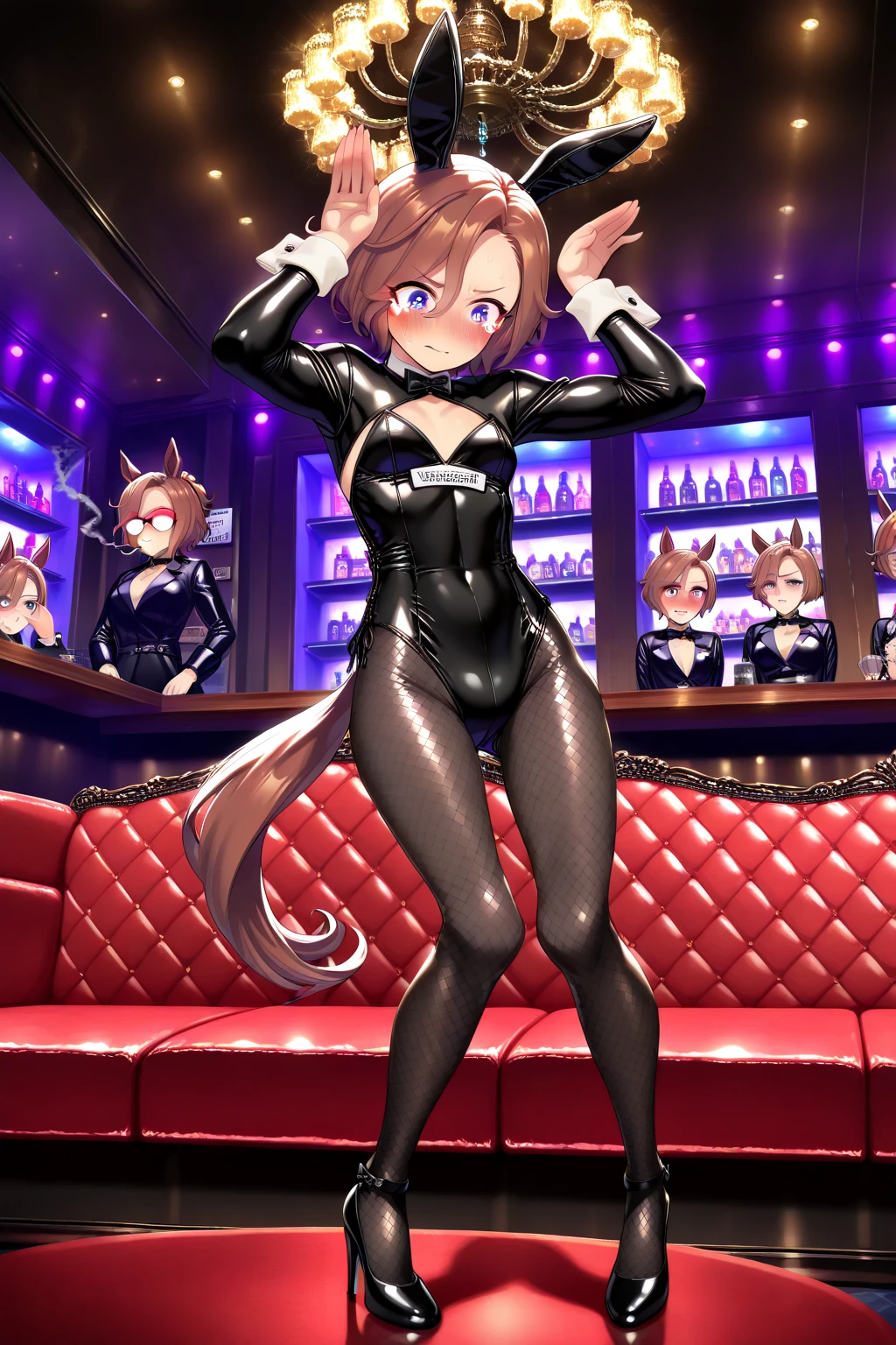 Highest quality, Highest quality, High quality illustrations, masterpiece, Ultra-high resolution, Detailed Background, club, Disco, Absurd, Perfect Anatomy, Performance, Good lighting, Shadows in the movie(kemono, Furry Personification), Rubber suit, Rubber Suit, latex, Earrings, Bunny Suit, male