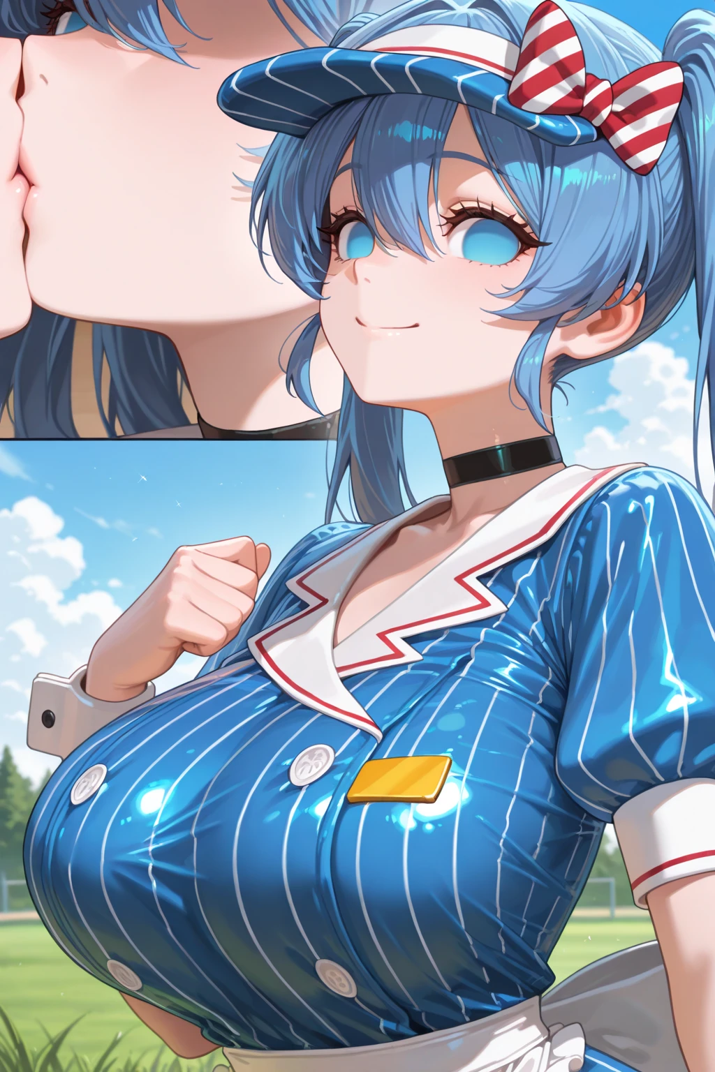 「highest quality、masterpiece、An illustration、very delicate and beautiful、very detailed、cg、8k wallpaper、wonderful、small details、masterpiece、最高の究極の芸術very detailed cg Unity 8k wallpaper」、(((little Japanese girl)))、(((huge breasts 1:1)))、(((Super Big 1:2)))、(((Pee)))、(((I can see your nipples)))、(((I can see your breasts)))、(((open chest)))、(((huge nipples)))、(((Nipple piercing)))、(((brown hair)))、(((short hair)))、(((white and blue sleeveless 1:1)))、