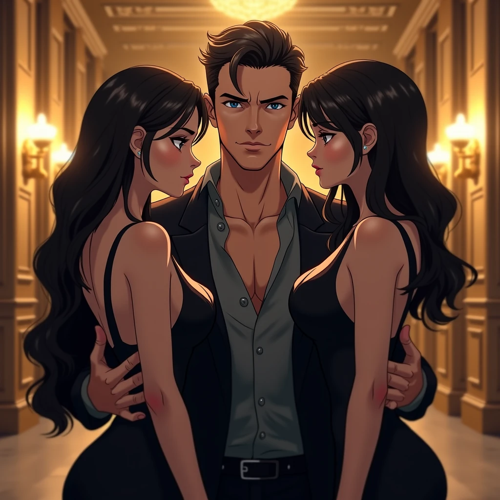 A man smiling confidently, surrounded by 18-year-old beautiful girls who are beneath him in terms of social standing. The scene is set in an environment that highlights the man's superior position, possibly a luxurious setting or a place of significant social importance. The girls exhibit expressions of admiration and desire, while the man stands out with his confident smile and posture. The art style is warm, anime-like, with a focus on detailed expressions and the intricate dynamics of social interaction. The image should capture this unique social scene in a detailed, professional manner, emphasizing the man's confidence and the girls' admiration. women in awe, seductive, hot, underwear, superior man, details, high quality