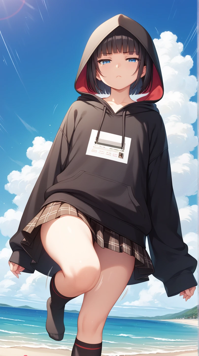 A person stands with legs apart in front of a concrete wall outdoors at night。The person is、A grey sweatshirt is placed over the exposed breasts.、Making a peace sign towards the camera。No pants, no panties, no panties,There are some green plants visible in the background.。Vagina