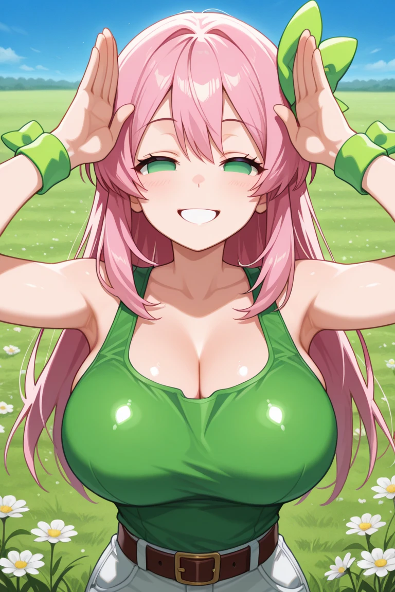 Close-up of Cute girl, brown skin, with very bright pink hair, tall hair, very bright green eyes, sky Background, with very very big boobs, nipples