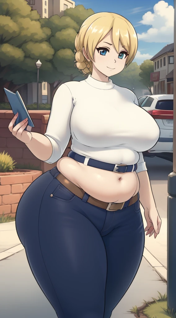 ((Masterpiece)), perfect anatomy, perfect shading, field of depth, (best quality), extremely delicate and beautiful, perfect lighting, detailed face, ultra cute face, cute, (cowboy shot 1.2), full body, (((1girl))), ((solo)), looking at viewer,
short hair, fluffy hair, blonde hair, blue eyes, Glasses, ((blush)), shy, embarrassed, (black turtleneck sweater 1.5), (jeans 1.2), belt, extremely tight clothes, medium breasts, ((wide hips)), (((thick thighs))), ((chubby)), chubby belly, fat folds, belly hang,
cafe, intricate background, detailed background, hand on hip,