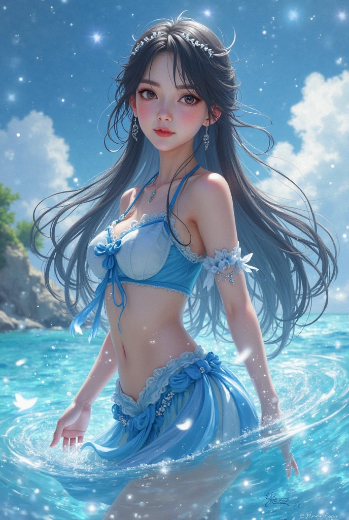 nsfw:1.5,masterpiece, best quality, high quality, high definition, high quality texture, high quality shadow, high detail, beautiful detailed, fine detailed, extremely detailed cg, detailed texture, a realistic representation of the face, realistic, colorful , delicate, cinematic light, side light, Lens Flare, Ray Tracing, (intricate detail, makeup, PureErosFace_V1:0.5), (detailed beautiful delicate face, detailed beautiful delicate eyes, a face with perfect proportion, high detailed skin, detailed skin, best relationship with four fingers and one thumb, arms under the chest, medium-sized breasts, wide hips, smooth midriff, thin, blue sky, blue-white sea with waves, good condition,