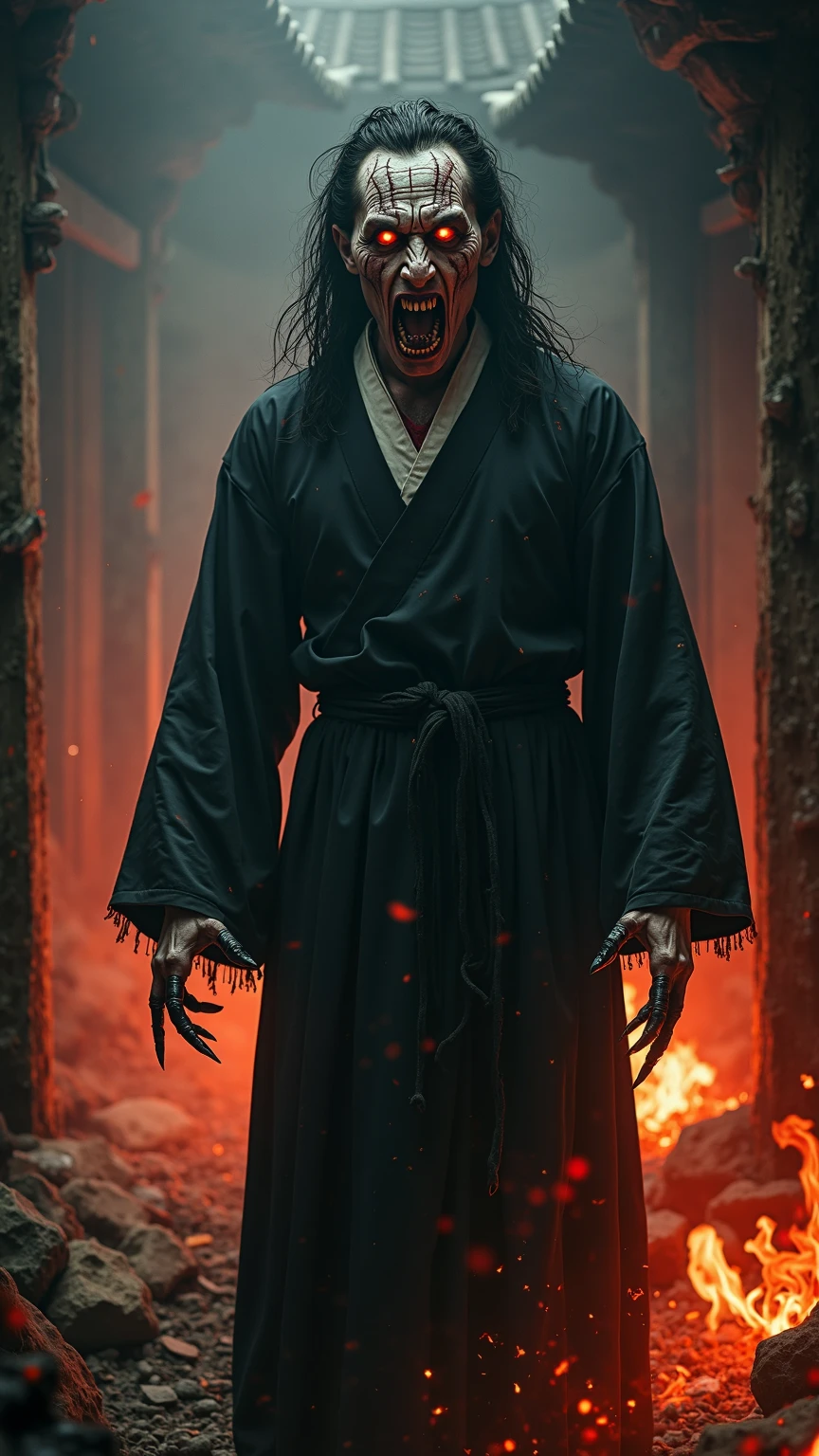 **Prompt:** "An ultra-realistic depiction of Shichinin Misaki, reimagined with an extremely terrifying appearance. The seven ghostly spirits are now twisted and malevolent figures, each dressed in traditional kimonos that are torn and soaked in blood. Their faces are gaunt and skeletal, with hollow, glowing eyes that pierce through the darkness. Their skin is decayed and peeling, revealing sinew and bone beneath. Their mouths are twisted into unnatural, wide grins filled with sharp, jagged teeth, oozing dark fluid. Their long, disheveled hair hangs like a veil, dripping with a black, tar-like substance. The spirits emit a dark, foreboding aura, their bodies more shadow than flesh, trailing wisps of smoke as they hover just above the ground. The forest background is even darker and more oppressive, with twisted trees and an overwhelming sense of doom, as if the very environment is being consumed by their presence."