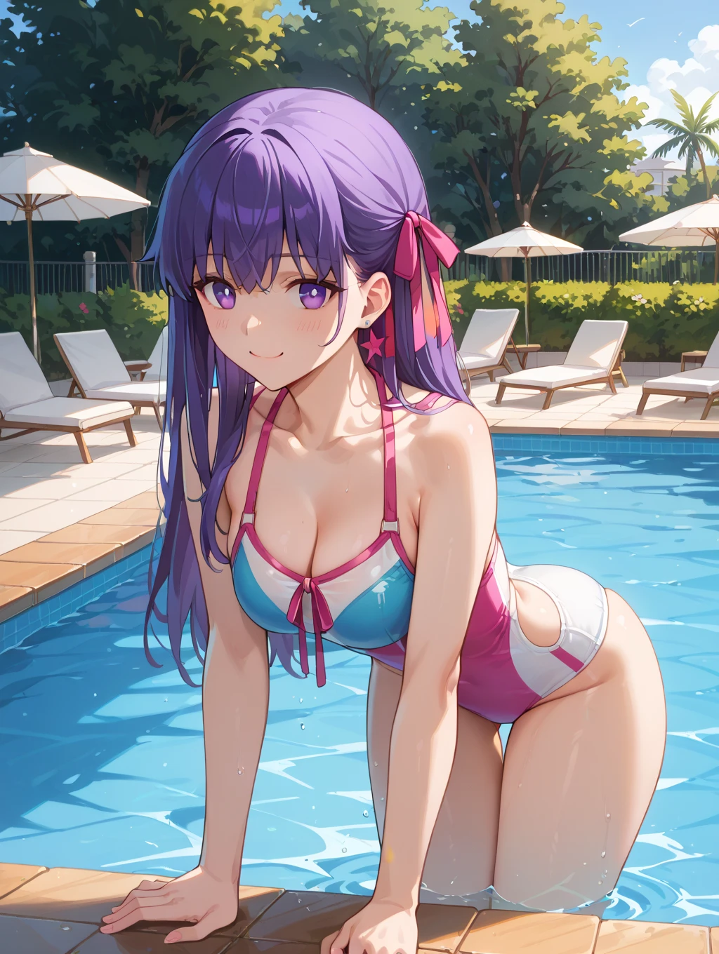 ((masterpiece,best quality)),1girl, breasts, swimsuit, solo, looking at viewer, large breasts, barefoot, smile, on stomach, pool, wet, lying, water, the pose, bikini, open mouth, bangs, feet, ass, feet up, white bikini, soles, outdoors, purple eyes, bare shoulders, bracelet, jewelry, short hair, cleavage, purple hair, blush, long hair, partially submerged, :d, toes, thighs, tree,