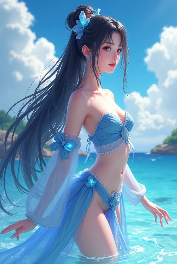 {{masterpiece}}, best quality, illustration, {half body on a girl}, medium breast, beautiful detailed blue eyes, Elysian Allure. Tresses of silk, in gentle breeze dance, Emanating shimmer, from ethereal chance. An aura of peace, in each strand of hair, An elegant being, beyond compare, cinematic lighting, dramatic angle, black and red hair, High ponytail, {beautiful, detailed sky}, { cinematic lighting}, High ponytail hairstyle, uniform, {beautiful, detailed water}, blue flower, earring, blue blue sky