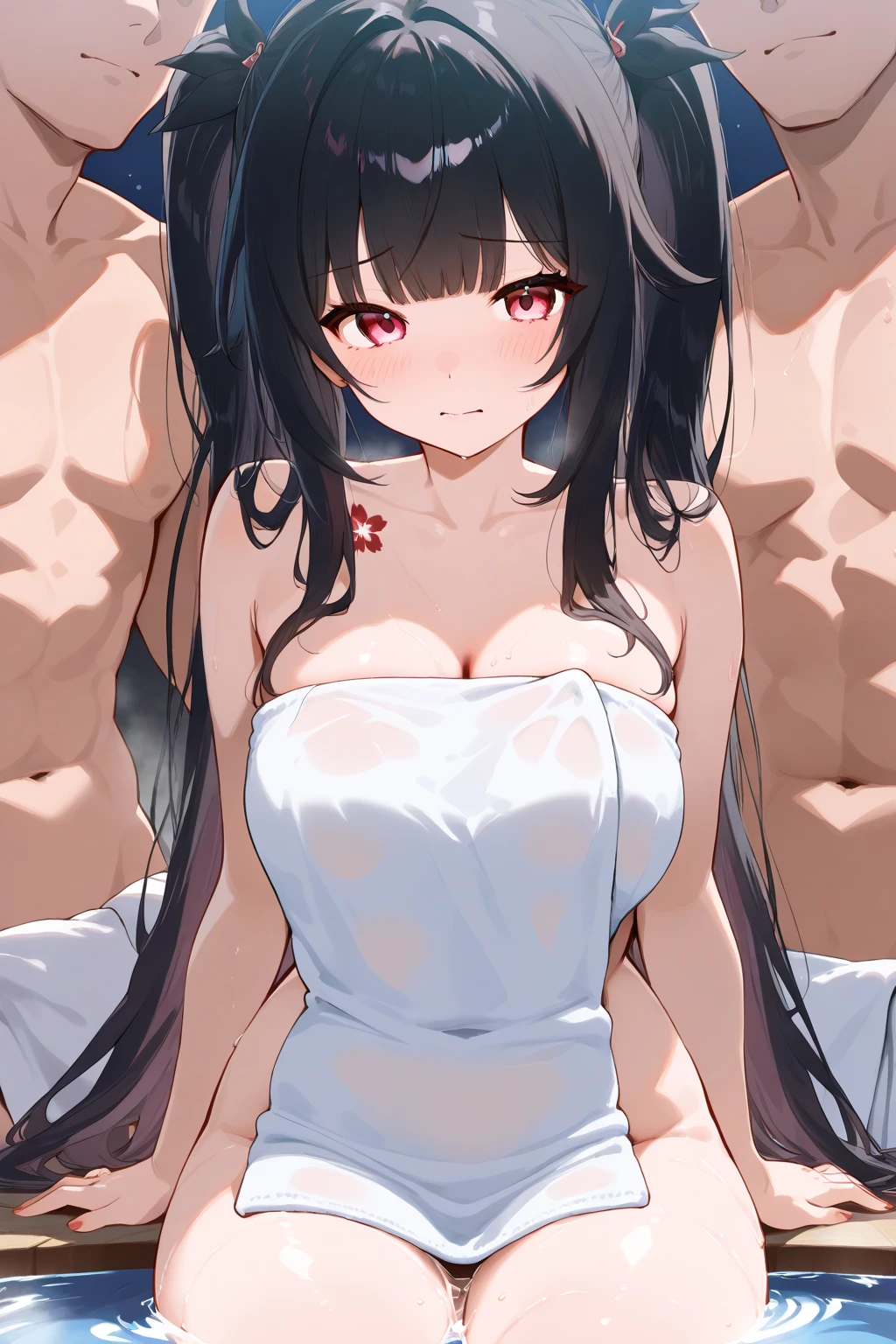 1 boy and 1girl are having sex, masterpiece, best quality, 1 boy, lying on her stomach, 1 boy and 1girl are having sex, medium breasts, sexual climax, yor briar, black hair, (red eyes:1.5), earrings, white hairband, hairband, long hair, sidelocks, topless, nsfw, naked, nipples, close up breasts, steam, (cum to breasts:1.3)