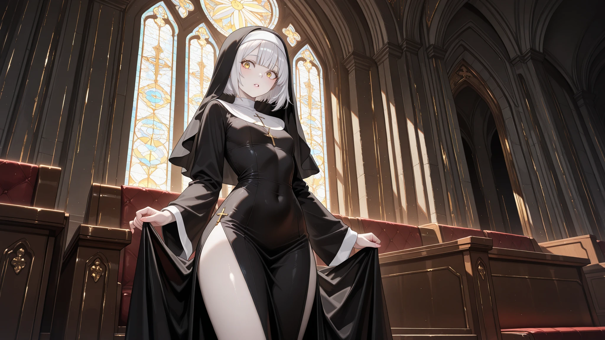 Perfect body, Beauty, masterpiece, Highest quality,  Glowing Skin, blush, Nuns, Are standing, church