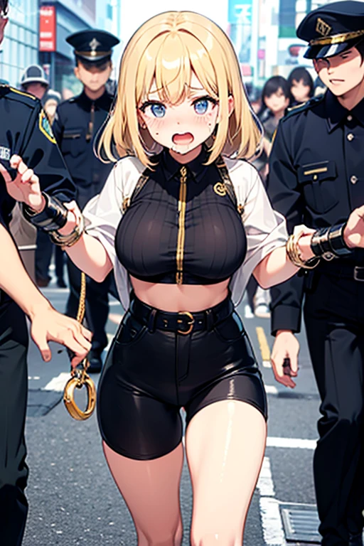 masutepiece, Best Quality, Highly detailed, Cowboy Shot, Portrait, text saying "Do not cross" 1girl in, Police Woman, Large breasts, Petite, Black jacket, (beltbra:1.2),(caution tape:1.3), deep skin, Skindentation, Destroy the city, alleyway, Red_And_Blue_A light, (police_Car:1.2), siren, syota_Scene, Night, Dark theme, ty), (Clouds), Add_detail:1, hair over eyes, Hair over one eye, Colossal tits, Tits, Hyper Maximum Size_breasts!! with the type of boobs_melons,