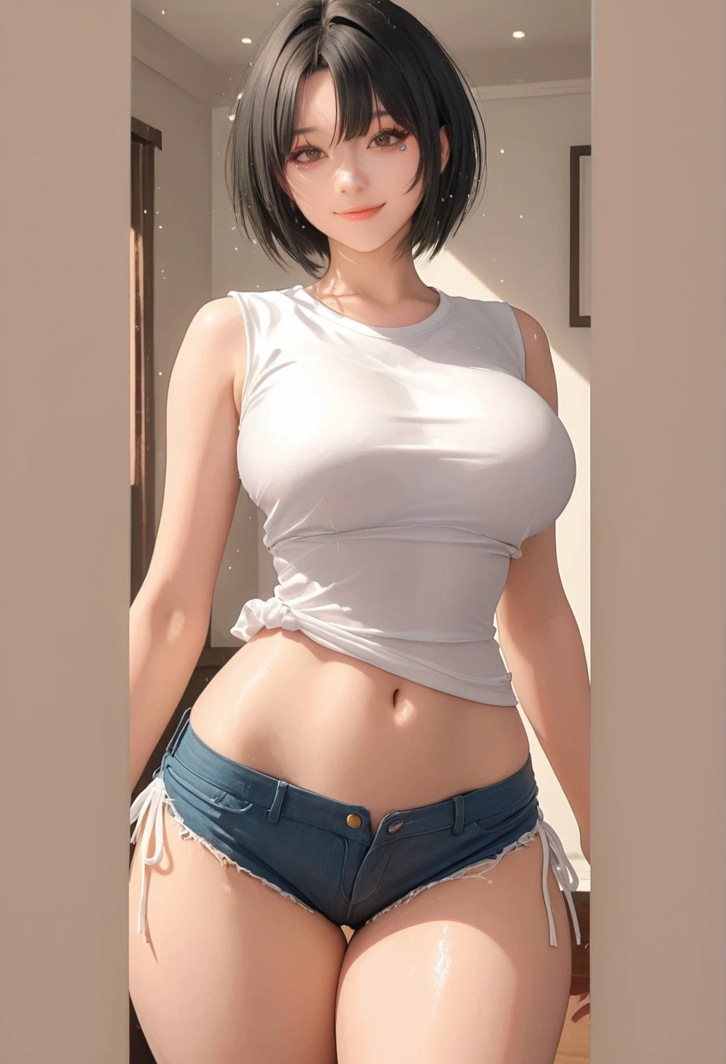1 girl, breasts pressed together with her upper arms, medium breasts, white skin, sweating, tight character T-shirt on the upper body, super short jeans tight on the lower body, sexy, red lips, blushing,