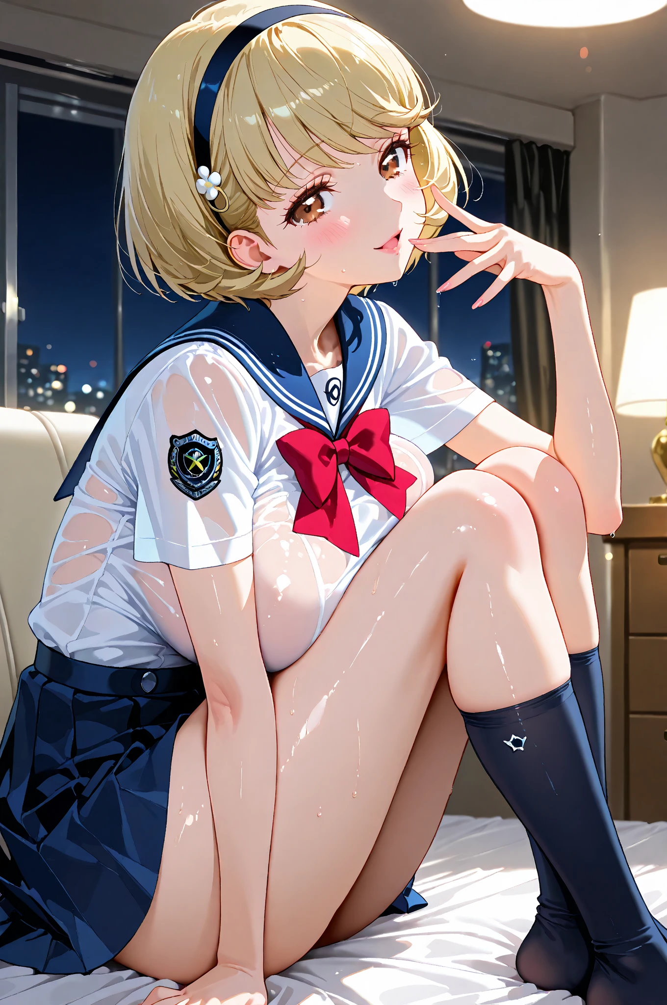 masterpiece, best quality, ultra detailed, ultra high resolution, very detailed face, solo, ((anime)), 20 years old girl, (((croptop, sailor uniform))), ((golden short hair)), (((medium breast))), (six pack abs:1.2), ((little smile)), (bukkake:1.3, cum:1.25), sit on the bed