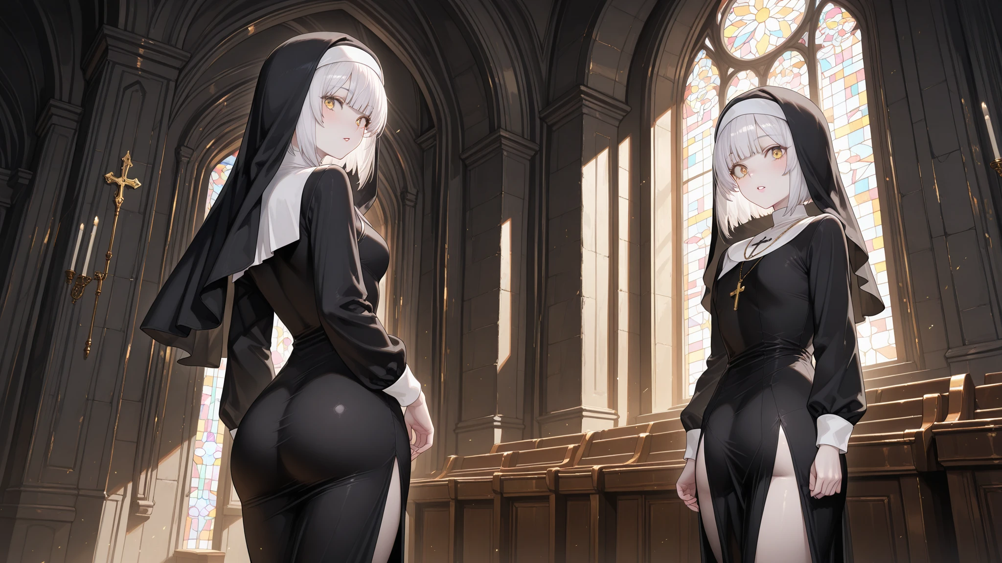 (masterpiece), (best quality), (shiny skin), (loli, child, slender), (from below, praying), (nun), (long hair, miniskirt, panties, thick thighs, thighhighs), (Necklace of crosses, church, stained glass), (depth of field)