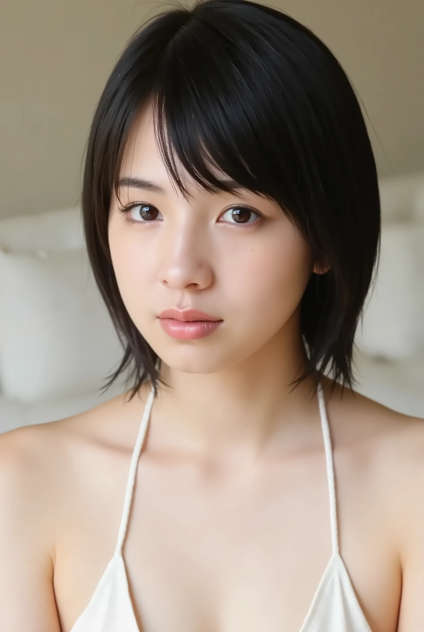 (( PREMIUM QUALITY,  8k )), ((masterpiece)), ( details),     Japanese girl,   first person view   ,One Woman, petite woman ,   Sexy,(  in the bedroom),(((    absurdly large breasts ,    completely naked,  beautiful breasts, short bob hair , black hair))),  dark haired  , ((  without accessories,       No Makeup,  small eyes))