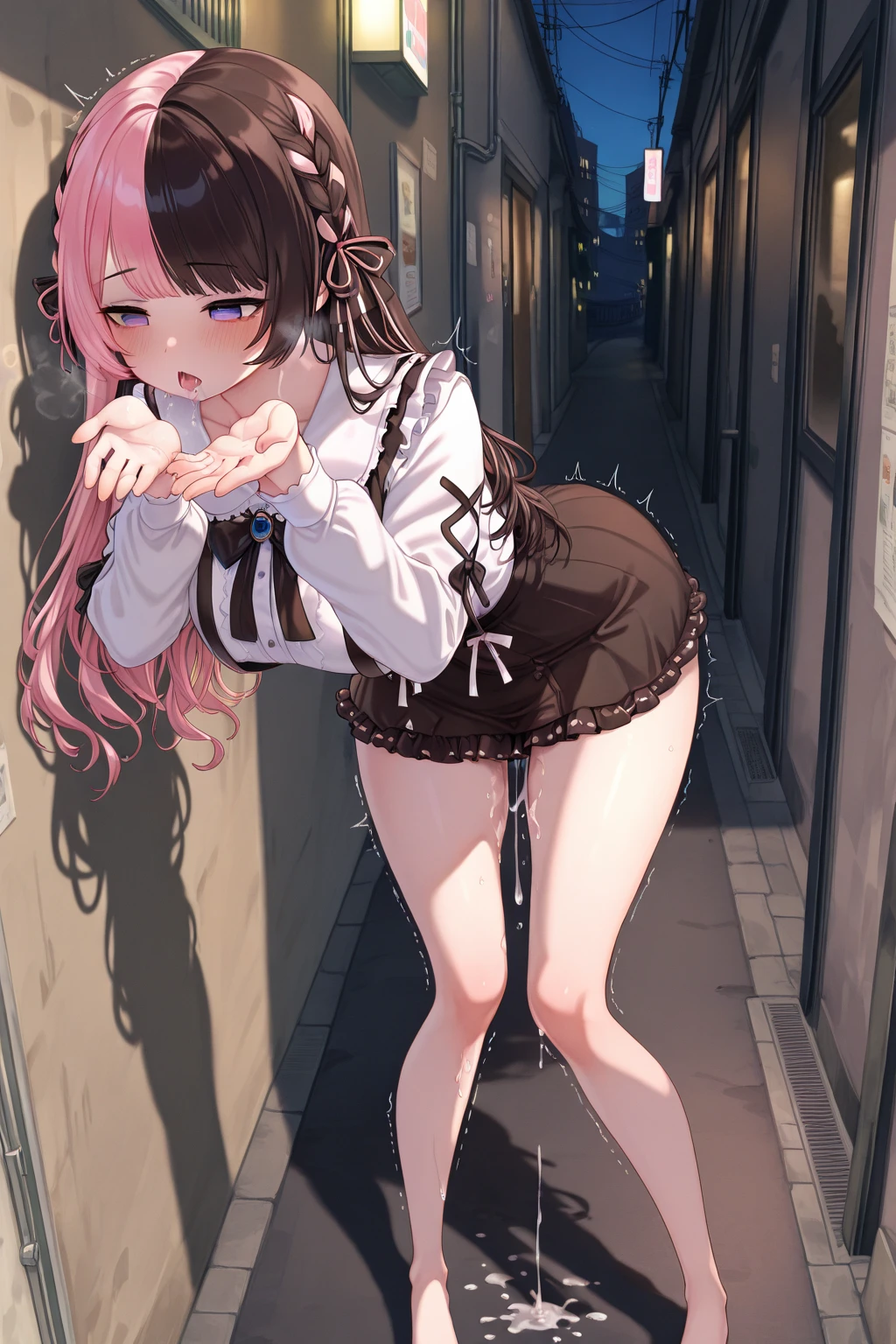 Young girl with pink hair, long twintail hairstyle, small bushy eyebrows, wearing gothic lolita clothes, lolicon (Zankuro) drawing style by zankuro artist, Zancrow style, image uploaded in R34, walking in the mall, flirty smile , suddenly having sex in public, ((doggy style sex)), ((public sex in a street)) naked ass in the male crotch, perfect anatomy, 1boy 1 girl having sex