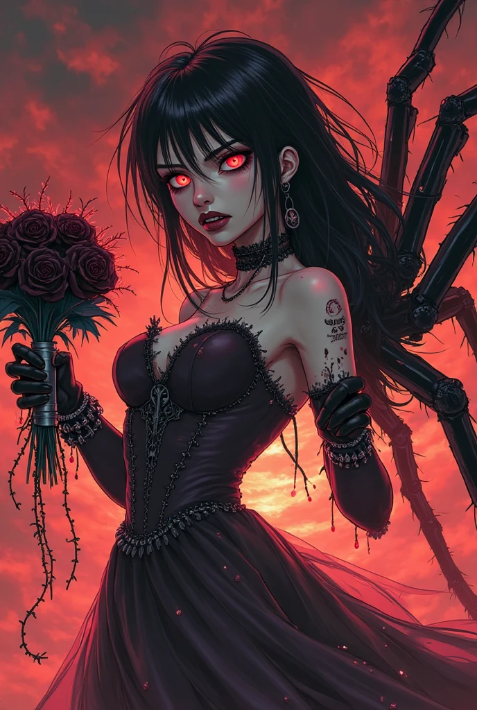 Garota vampiro, caninos compridos, roupa vermelha, sorriso malicioso, cabelo longo branco com mechas vermelhas, Short strapless dress, mostrando grande parte dos seio grandes, decote generoso, Bare arms with horror tattoos, pose sensual, morcegos voando em volta, Gothic visual, rosto lindo, corpo perfeito, sangue escorrendo do canto da boca