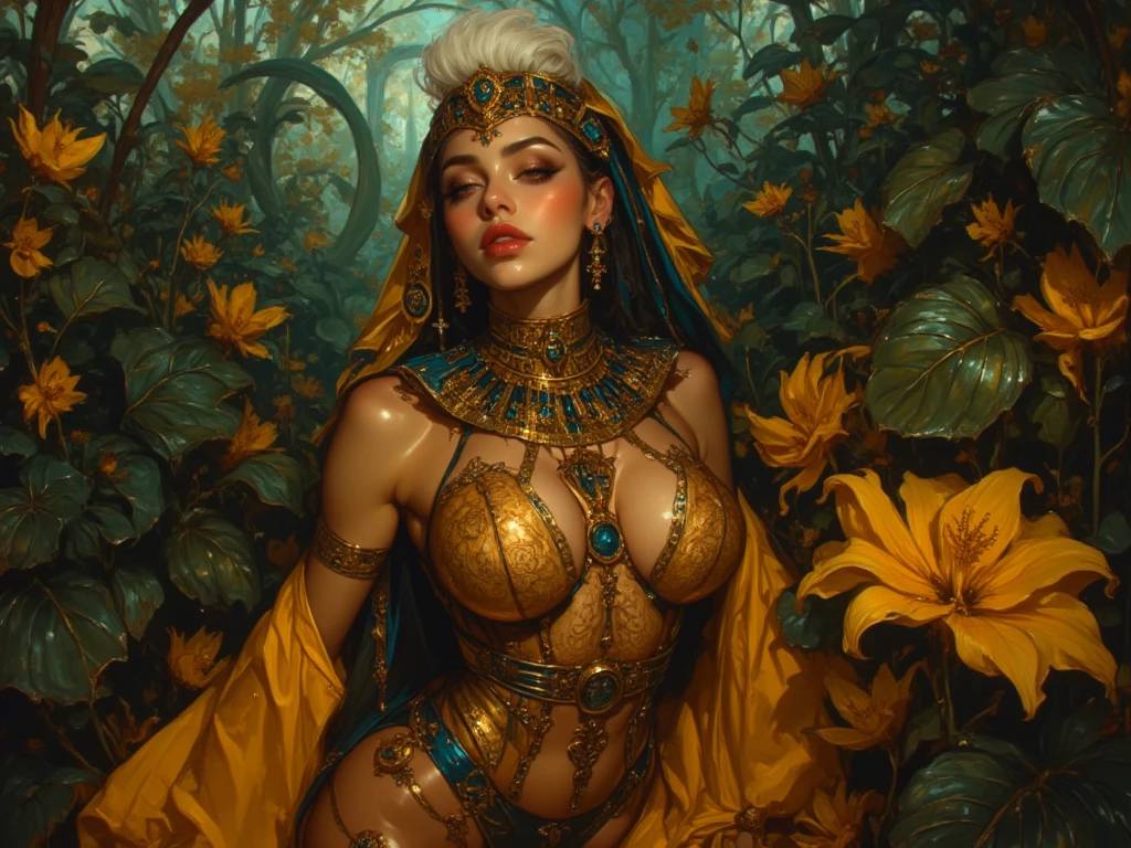 Black, curly haired queen, who’s hair reaches her hips, and she is pale, and she has plump lips, freckles, a celestial nose, hooded almond eyes, sharp jaw and cheekbones, a dark green gown with green emerald jewelry and a crown of gold and emeralds. Her skin is white like alabaster