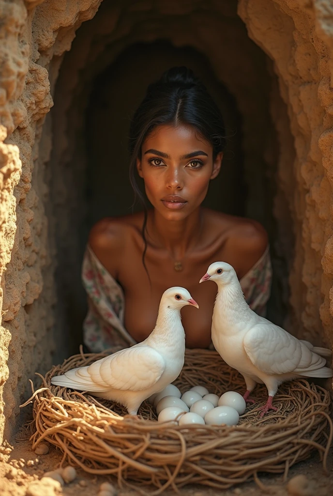 Full body Photo of an extremely black African woman bowing down to a giant white Rooster, extremely big lips, petite upturned knose, dirty rag like clothing, ripped clothing, Savanah in Sub Sahara background with lions in far distance, breasts, large breasts, skinny body, lean muscular body, vascular body, warm atmosphere, photograph, photoshoot, Captured by Panavision Panaflex Platinum Camera with Panavision Primo Primes Spherical Lens 35mm T1.9