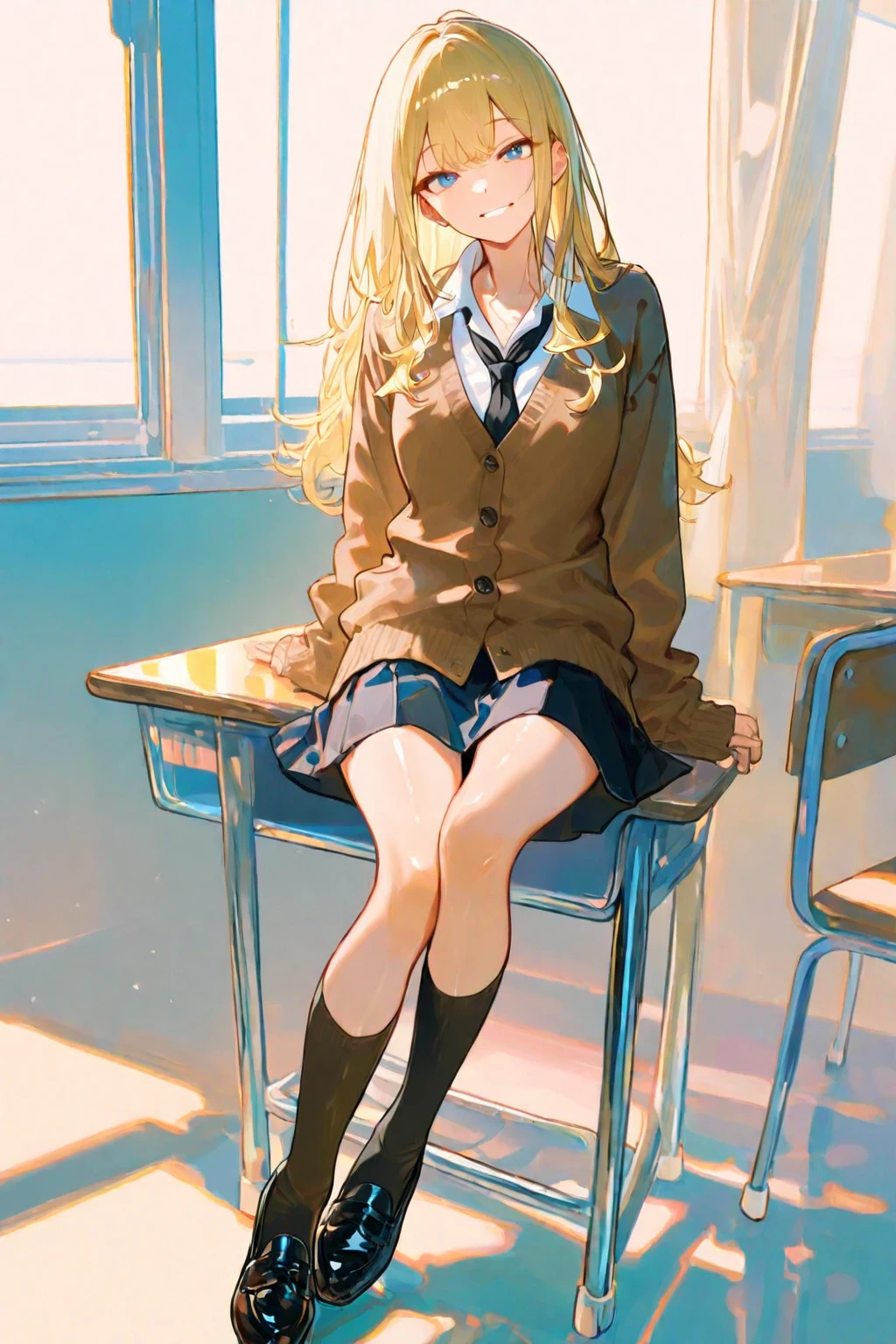 masutepiece, Black High Socks, School uniform, Cute, Very delicate eyes, Neat face, Sitting,Brown loafers, 8K