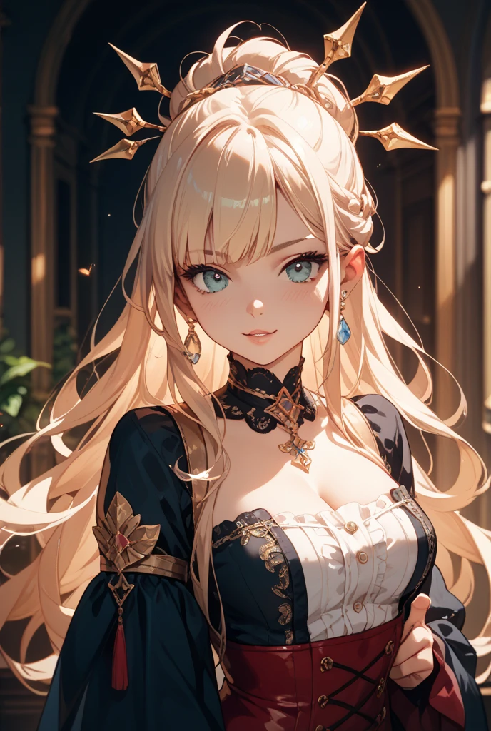 masterpiece, best quality, high quality, detailed, ultra detailed, hyper detailed, insanely detailed, exquisite, beautiful, FHD, Full-HD, 4K, 8K, highres, absurdres, woman, delightful, evil smiling, cross-legged, arms crossed, looking at viewer, long hair tied back, blonde, aqua eyes, tall, glamorous, voluptuous, blouse, in the room, with a chair, in the afternoon, cel anime, cowboy shot, upper body, from front, from below, golden triangle, triangular composition, golden ratio