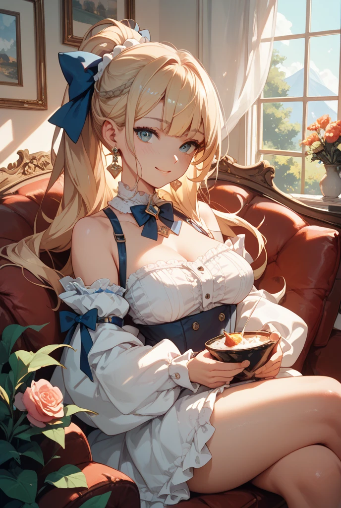 1girl,huge breast, blonde hair, high quality, ultra detailed, masterpiece, realistic, closed eyes, holding a cup