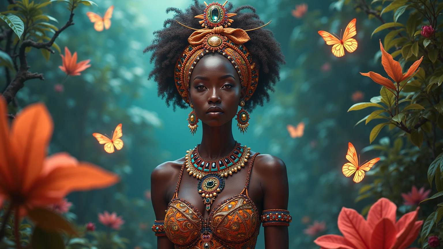 Iansã. Warrior black woman, African, afro hair, mature, beautiful, upper body, natural skin texture, 24mm, 4k textures, (red clothing with yellow details), (red beaded necklace), african sword, soft cinematic light, RAW photo, photorealism, photorealistic, intricate, elegant, highly detailed, sharp focus, ((((((cinematic look)))), soft tones, butterflies and wind background, insane details, intricate details,  Hyperdetailed, low contrast, soft cinematic light, dark colors, exposure mix, HDR, faded --auto --s2