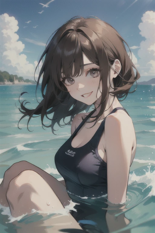 (masutepiece), (Best Quality), hyper detailed illustration，beautiful artwork，(Extreme Detail CG Unity 8K wallpaper、​masterpiece、top-quality)、(exquisite lighting and shadow、highly dramatic picture、cinematic lens effects)、One girl in school swimsuit standing beach, black long haired girl beautiful Girl, CG Art, anime style 4 k, Seductive Girl, 4k wallpaper, attractive girl, beautiful Girl, beautiful alluring Art styles, ，Wet，(big smile)，Brown eyes，(straggling hair)，Saw，(Wet)，poney Tail，beach side，(light sparkles)，(light particles)，(head tilt:1.1)，(leaning forward)，(droopy eyes:1.1)，sweat，