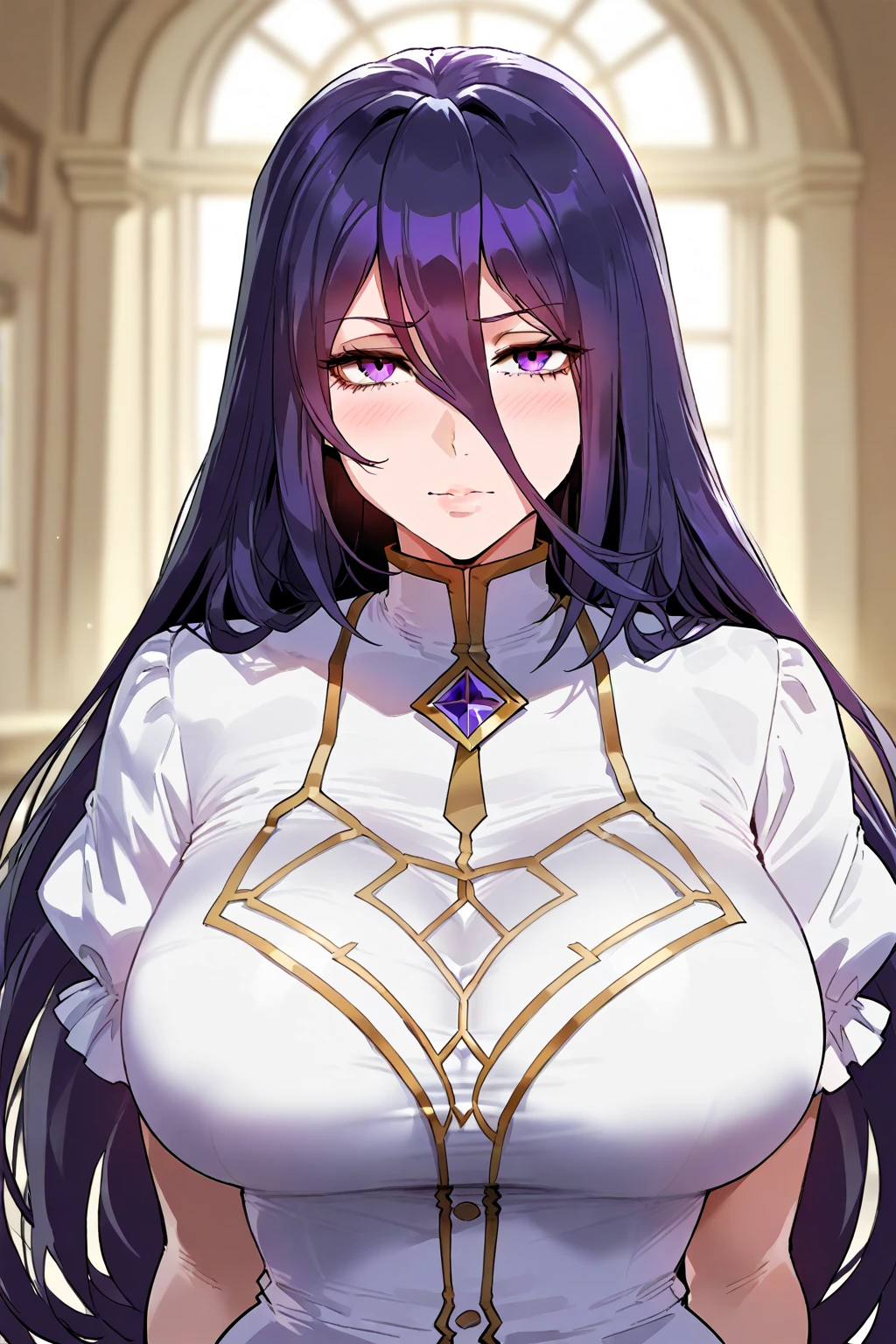 long dark black hair female, playing chess pov, beautiful, hime, straight black hair, noble attire, purple clothes, purple eyes, manhwa style, aristocrat, noble woman, mocking smirk, smart, cunning, 18 years old, elegant, grabing right breast, arm over shoulder, man out of frame, 2d, manhwa style