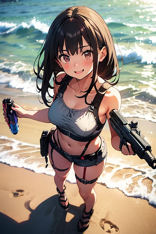 ((1 lady))、((Combative posing:1.5)), ((fighting stance:1.2))、((dynamism:1.3))、((dynamic angle:1.2))、((Hover effect:1.4))、from above、ultra-detailliert, Top image quality, digitial illustration, Seductive Anime Girl, Glossy realistic skin texture、Meticulously drawn hair, Meticulously drawn eye, Sharp Focus, Precise human body structure、Smooth texture、((Holding a big Heavy artillery:1.4, armament:1.3))、((bazooka and gatling gun and rocket launcher))、((Being in battle field:1.4))、((seductive smile))、((latex micro bikini:1.3 crop top:1.3))、((sleeveless))、((collarless))、((cleavage:1.3))、((crop top navel))、((highleg:1.3))、((huge breasts:1.4))、((huge hip:1.3))、((thick thighs))、curvy、((collarbone))、((cameltoe))、full body