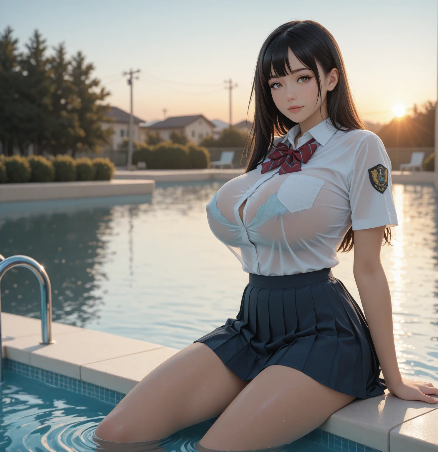 ((masterpiece, best quality, highres, UHD, perfect pixel, depth of field, 4k, RTX, HDR))), 1girl, single, solo, (((cleavage))),  beautiful girl, beautiful artstyle, ((Detailed beautiful eyes, beautiful eyelashes, realistic eyes)), ((detailed face)), ((smooth texture, realistic texture, photorealistic)), (large breasts), small ass, perfect body, ((cowboy shot)), ((( white sheer sailor shirt, Sleeveless, Open front))), (((Navel ))), (((Sheer Micro Mini Skirt))), poolside, Perfect Eyes Eyes
