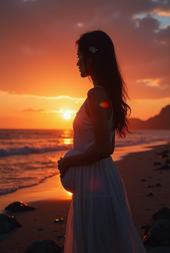A stunning profile portrait of Moana, Moana a is pregnant, holding her belly, young and beautiful, hyper realistic, real portrait, backlit, exquisite features, cleavage, sexy, seductive, beach, natural light, soft light, romantic
