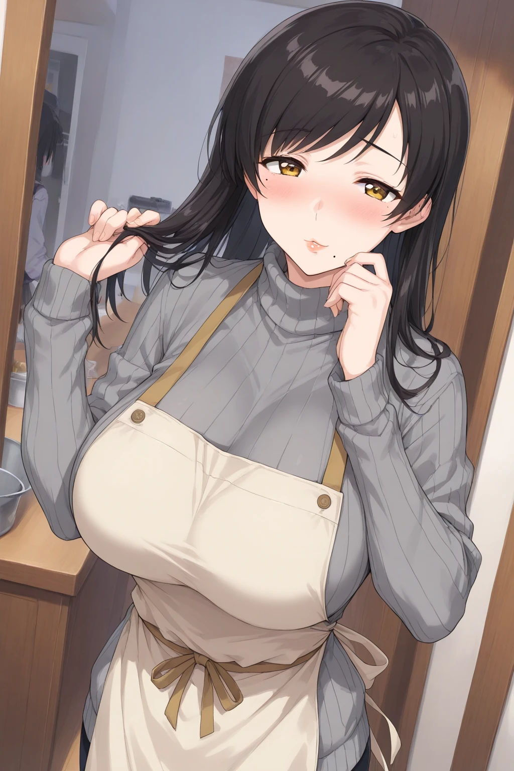 Female 26 years old,housewife,Sunlight,Smile,put on lipstick,light brown short curly hair,Tie a ponytail on the left side,Slightly plump,half moon earrings,Close-up photo of face,Home apron,Huge Breasts,There is a mole at the corner of the mouth